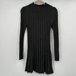 Rosie Neira Ribbed Mock Neck Sweater Dress Flared‎ Skirt Charcoal Gray Medium